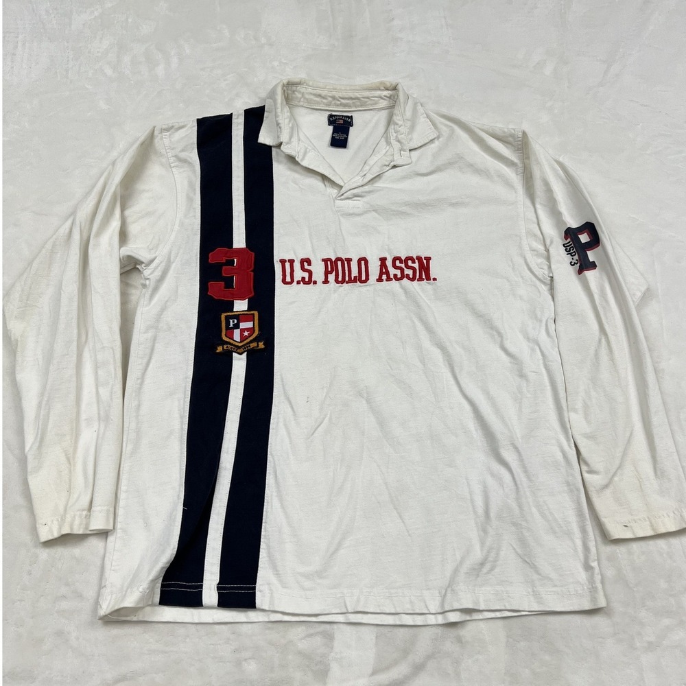 U.S. Polo Assn Rugby Shirt Mens Large White Navy Stripe Long Sleeve Embroidered